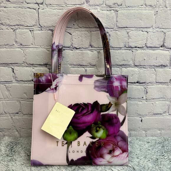 Ted Baker London PVC Tote Bag Pink Purple Floral Top Handles New - Picture 4 of 6